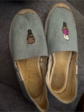Light Blue Denim Soludos Slip-Ons w/ Ice Cream Embroidery